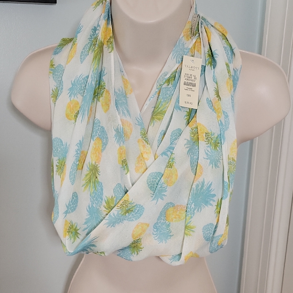 Talbots Blue and Yellow Pineapple Tropical Infinity Scarf NWT